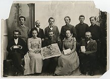 Organisers and cast of the production Amerika pirtyje (America in the Bathhouse). Stanislava Venclauskienė is seated second from right in the front row. Organisers and cast of the production Amerika pirtyje (America in the Bathhouse). Stanislava Venclauskienė is seated second from right in the front row.