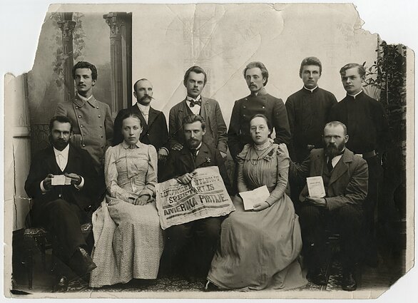Organisers and cast of the production Amerika pirtyje (America in the Bathhouse). Stanislava Venclauskienė is seated second from right in the front row. Organisers and cast of the production Amerika pirtyje (America in the Bathhouse). Stanislava Venclauskienė is seated second from right in the front row.