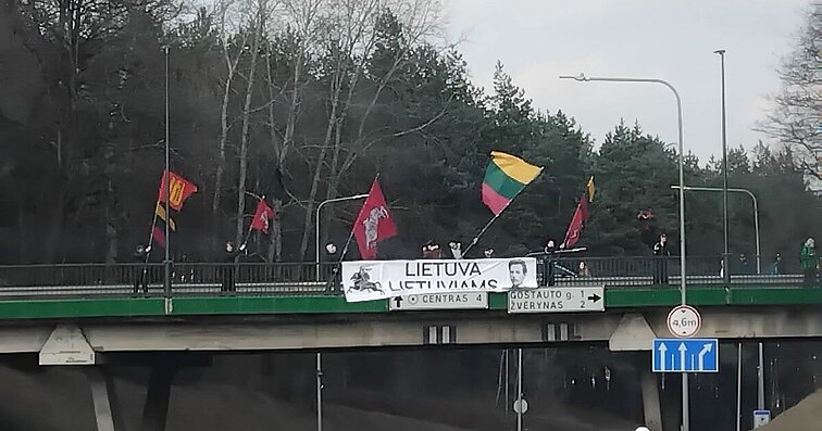 The banner "Lithuania for Lithuanians" was hoisted on Independence Day by nationalist activists The banner "Lithuania for Lithuanians" was hoisted on Independence Day by nationalist activists